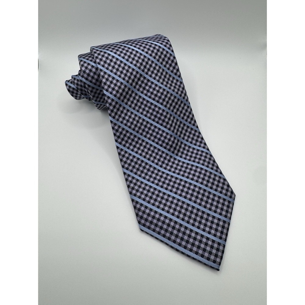 DKNY Silk Tie Gray‎ Blue Striped Houndstooth Pattern Classic Designer Neck Tie